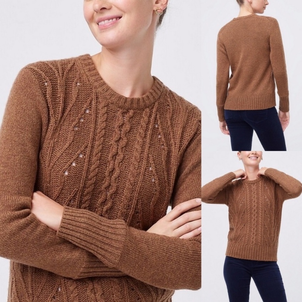 NWT J.Crew Pointelle cable-front sweater Wool Blend Small Brown - Picture 3 of 6